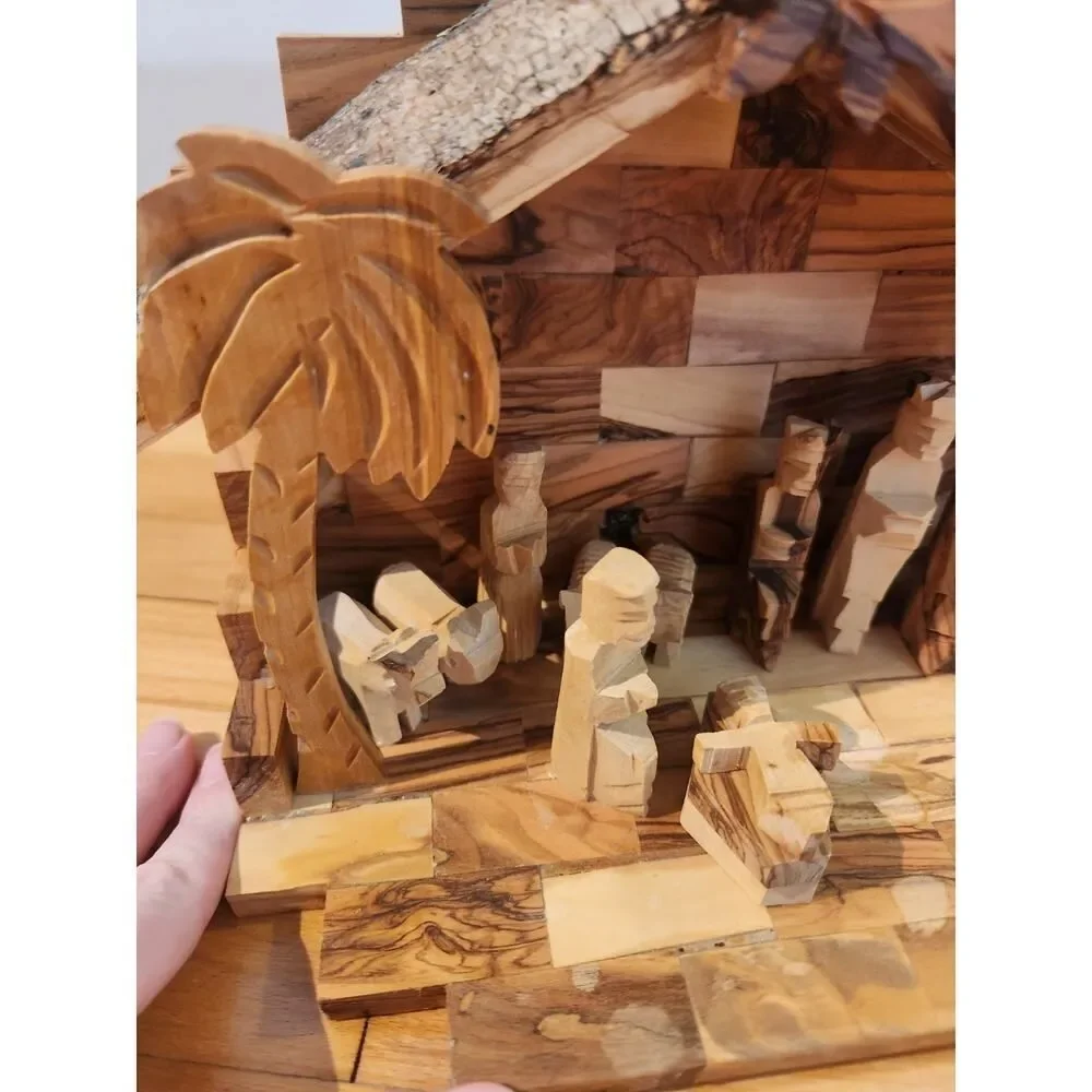 Vintage Wood Hand Carved Christmas Nativity Set Baby Jesus Bethlehem Star